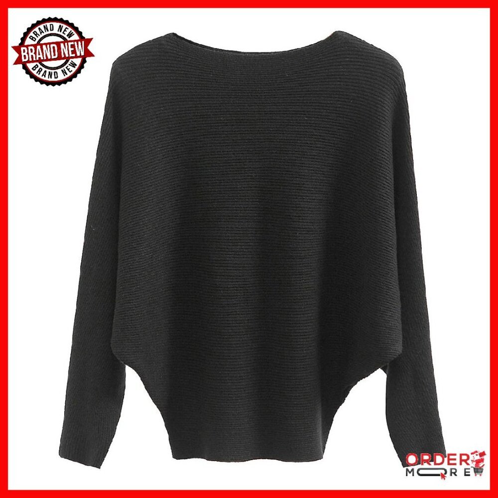 Oversized Boat Neck Batwing Sleeve Sweater, Soft Ribbed Knit, One Size